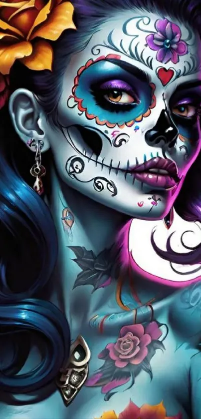 Colorful sugar skull art with floral designs and vibrant colors.