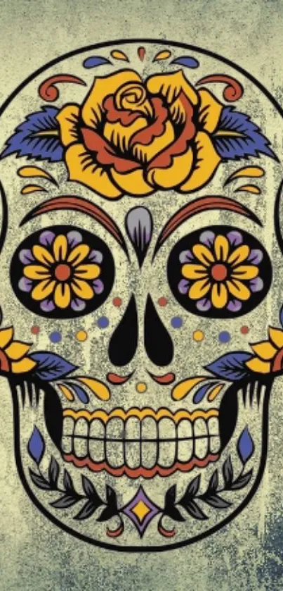 Colorful sugar skull with floral patterns on a beige background.