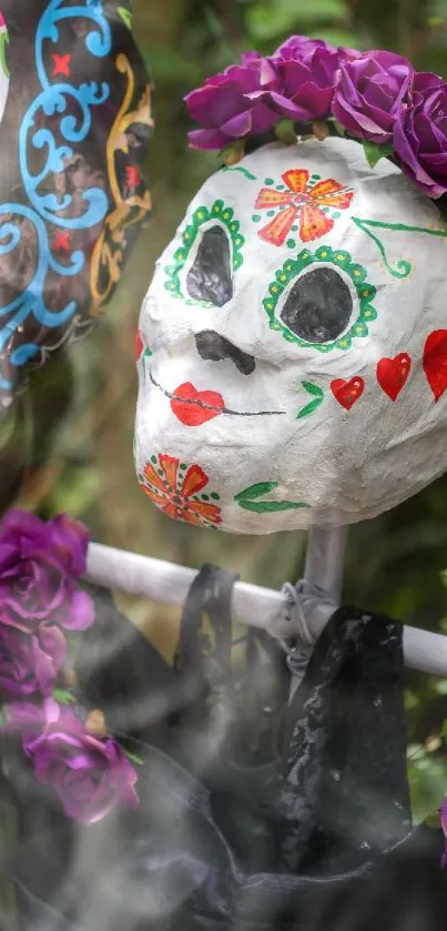 Day of the Dead sugar skull with vibrant floral decorations.