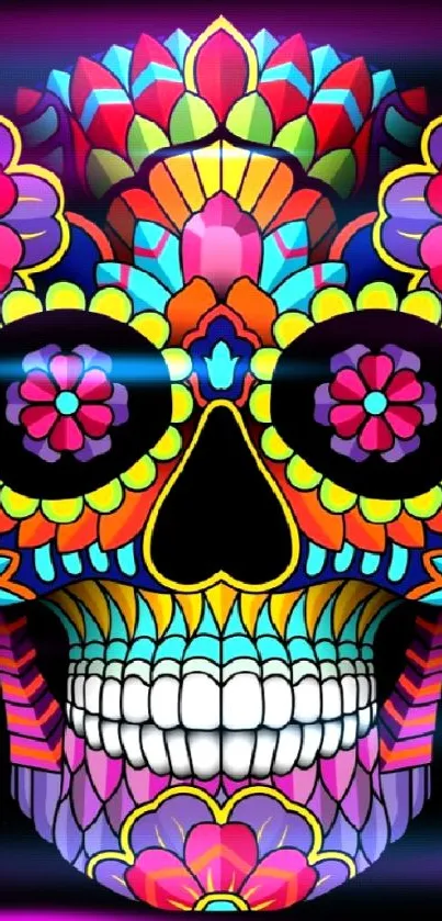 Colorful sugar skull with intricate, vibrant patterns on black background.