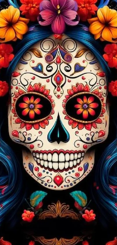 Colorful sugar skull with floral patterns in vibrant design.