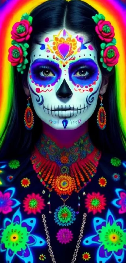 Colorful sugar skull artwork with vibrant floral patterns on a phone wallpaper.