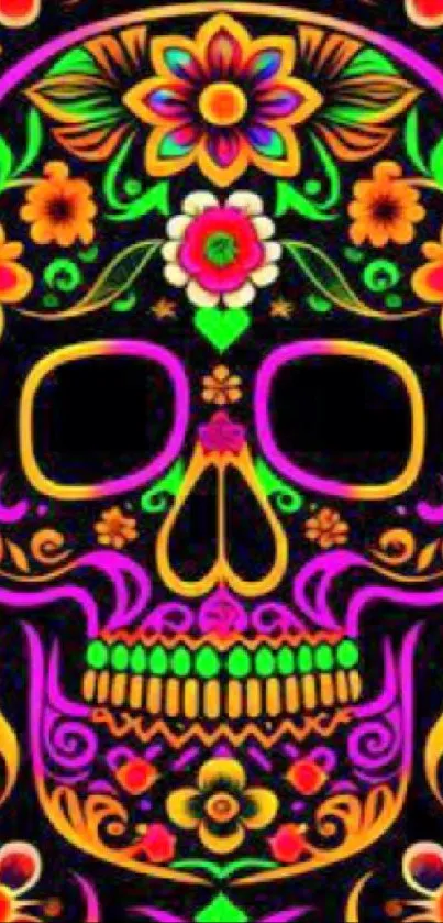 Colorful sugar skull with floral patterns on black background.