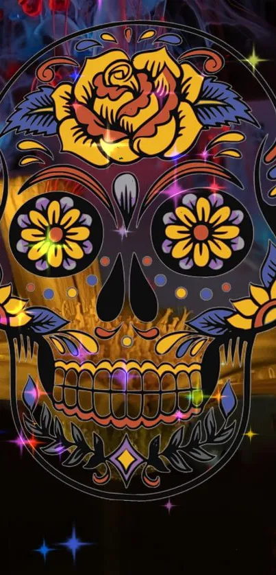 A colorful sugar skull with floral patterns and sparkling details.