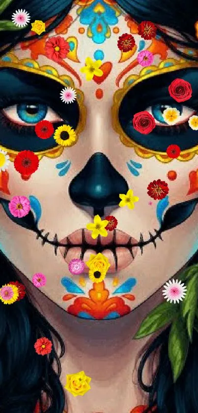 Colorful sugar skull art with orange flowers.