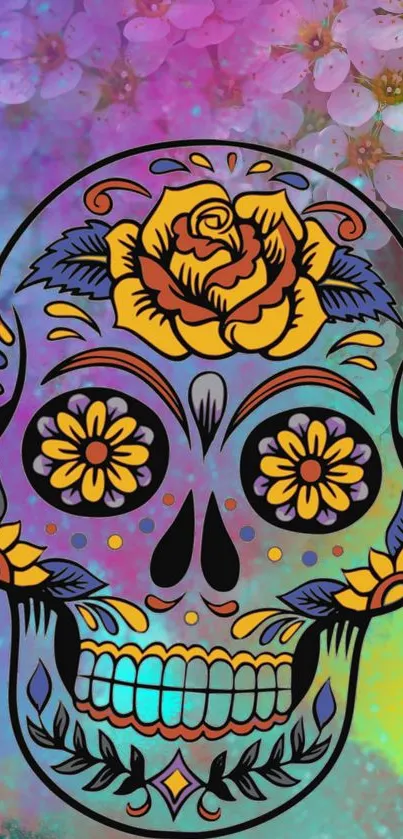 Colorful sugar skull wallpaper with floral designs and vibrant hues.