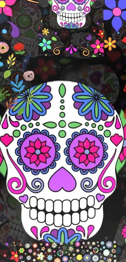 Vibrant sugar skull with floral designs on a black background, perfect for phone wallpaper.