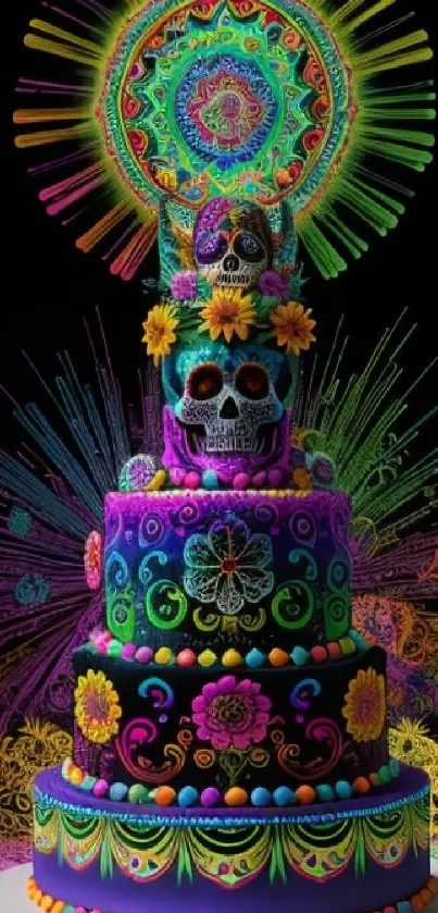 Colorful sugar skull cake art on black background with vibrant design.