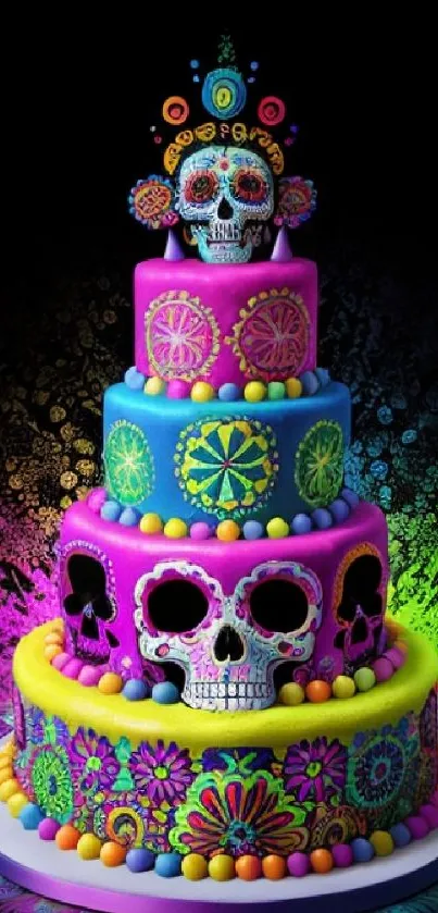 Vibrant sugar skull cake wallpaper with neon colors on a dark background.