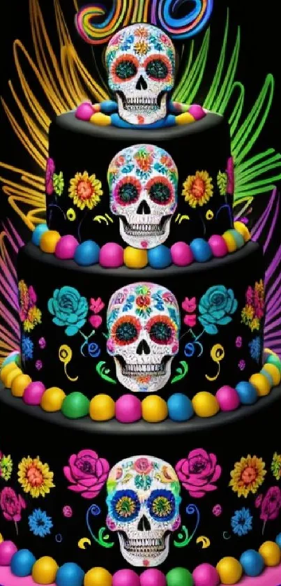 Colorful sugar skull cake with floral and festive designs.