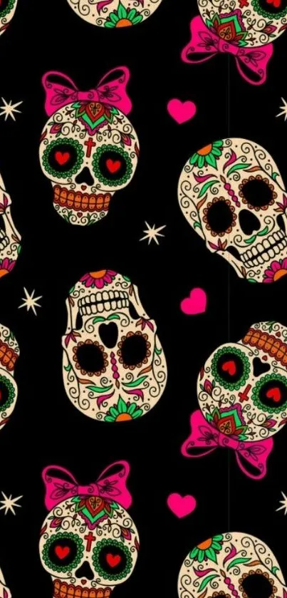 Colorful sugar skulls on a dark background.