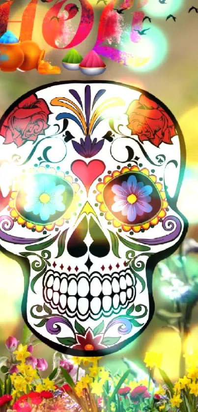 Vibrant sugar skull with floral patterns on a colorful festive background.