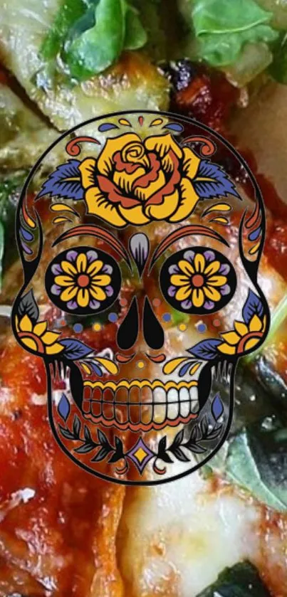 Colorful sugar skull on vibrant background.