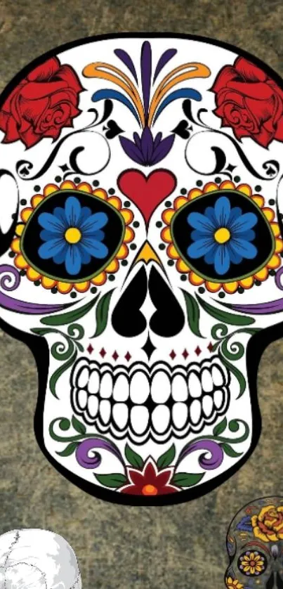 Colorful sugar skull art with floral designs on a khaki background.