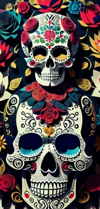 Colorful sugar skull with floral design on black background.