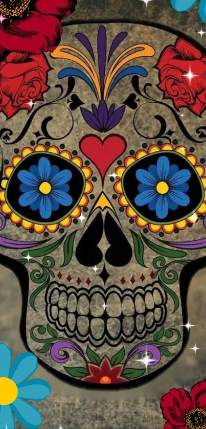 Colorful sugar skull with floral patterns and vibrant colors.