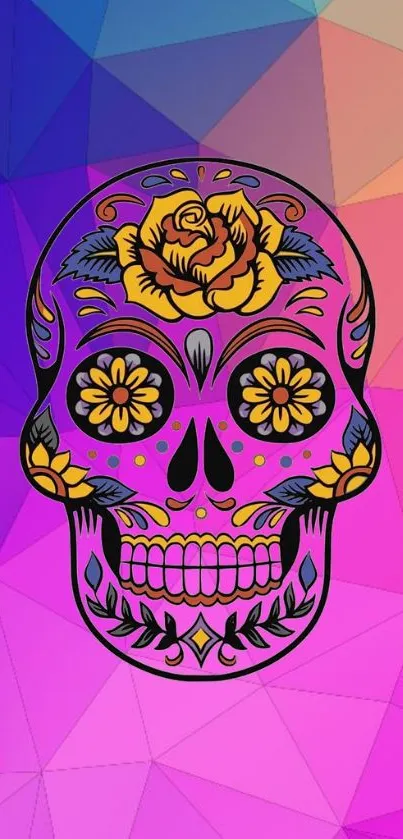 Colorful sugar skull with floral designs on geometric background.