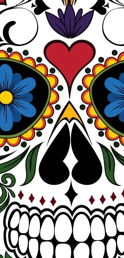 Vibrant sugar skull wallpaper with colorful floral design.