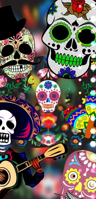 Vibrant sugar skull wallpaper with colorful floral patterns.