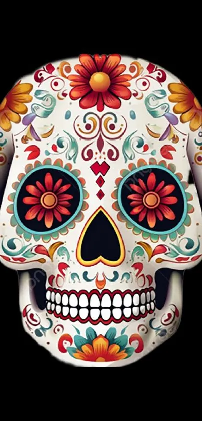 Vibrant sugar skull wallpaper with floral patterns on black background.