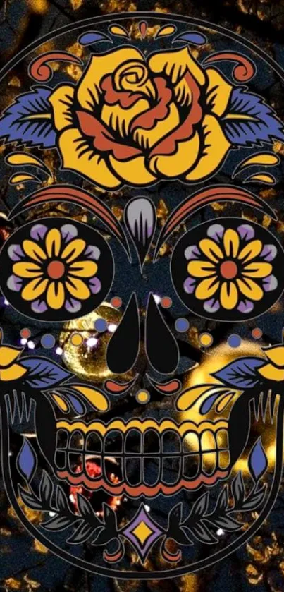 Vibrant sugar skull with floral designs on a dark background.