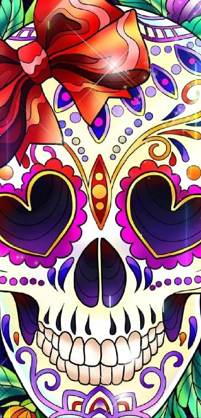 Colorful sugar skull with flowers and bold patterns in a vibrant design.