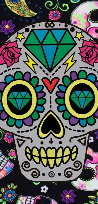 Colorful sugar skull wallpaper with vibrant designs.