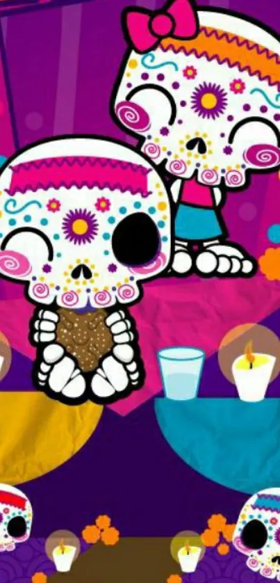 Colorful sugar skulls mobile wallpaper with festive Day of the Dead theme.