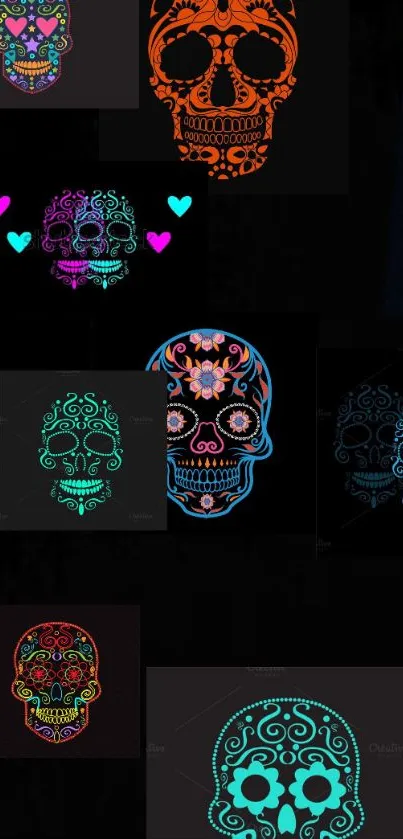 Mobile wallpaper with neon sugar skulls on a dark background.