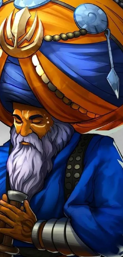 Vibrant sultan-themed artwork with a dominant blue and orange color scheme.