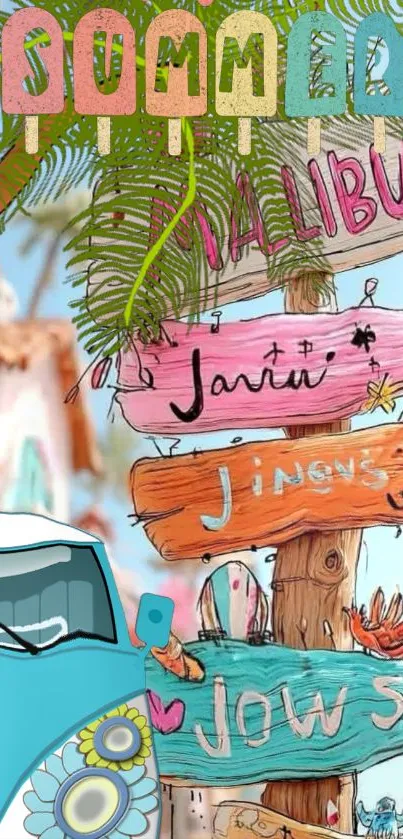 Colorful beach-themed wallpaper featuring signs and a vintage van.