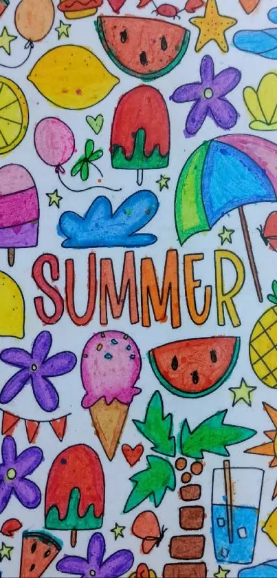 Colorful summer-themed doodle wallpaper with fruits and ice creams.