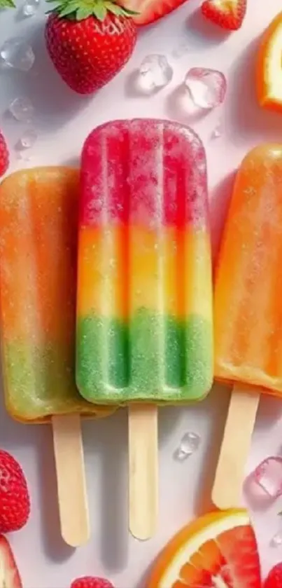 Colorful popsicles with strawberries and citrus slices.