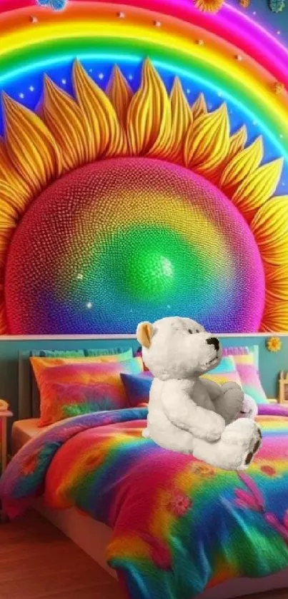 Vibrant sunflower and rainbow wallpaper with plush bear and colorful bed set.