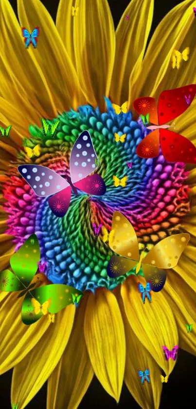 Colorful sunflower with vibrant butterflies on a mobile wallpaper.