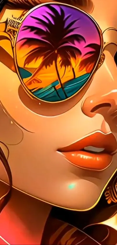 Illustration of trendy sunglasses reflecting a tropical beach scene with palm trees.