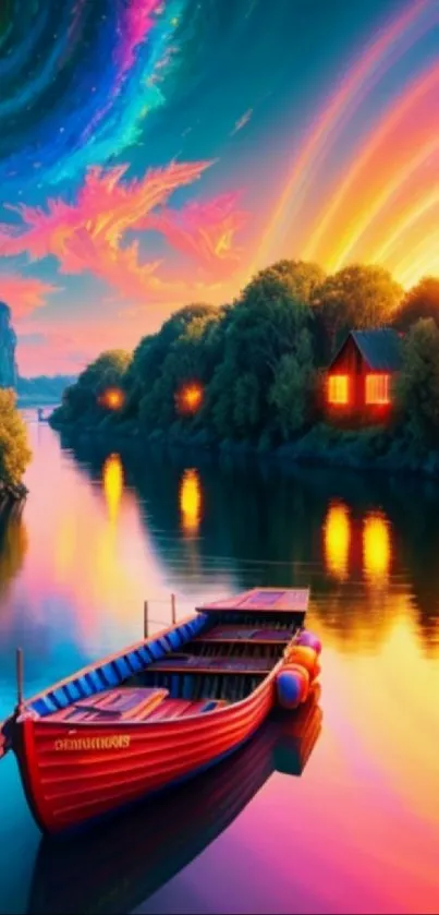 Vibrant boat on a colorful sunset river with glowing reflections.
