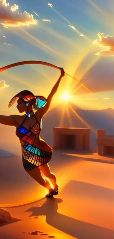 Vibrant digital art of a dancer at sunset with colorful reflections.