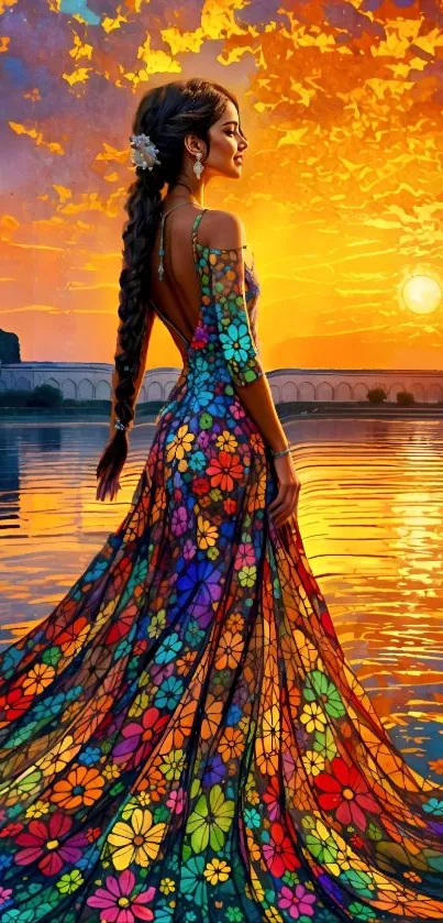 Woman in flower dress at sunset by the lake