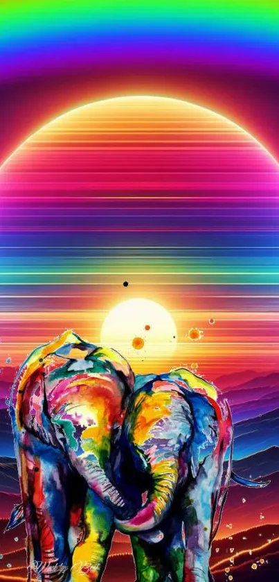 Vibrant elephants under a rainbow sunset with abstract color gradients.