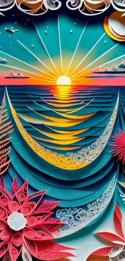 Intricate paper art depicting a colorful sunset over the ocean with floral patterns.