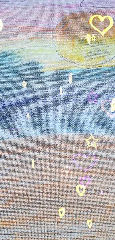 Hand-drawn sunset with vibrant pastel colors and serene landscape.