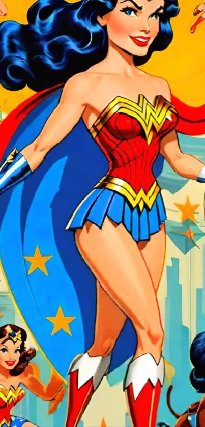 Vibrant superhero illustration in colorful style with red and blue costume.