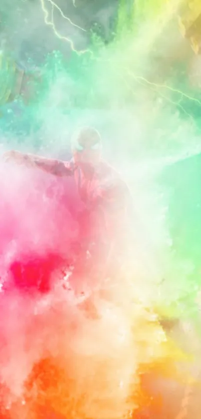 Vibrant color explosion with superhero in action.