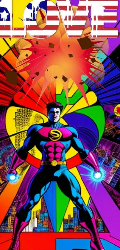 Vibrant superhero artwork with retro love theme and colorful design.