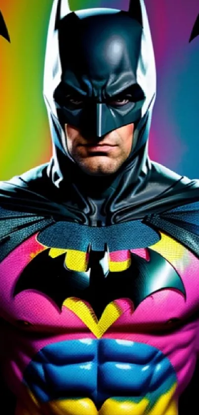 Colorful superhero with vibrant costume design on mobile wallpaper.