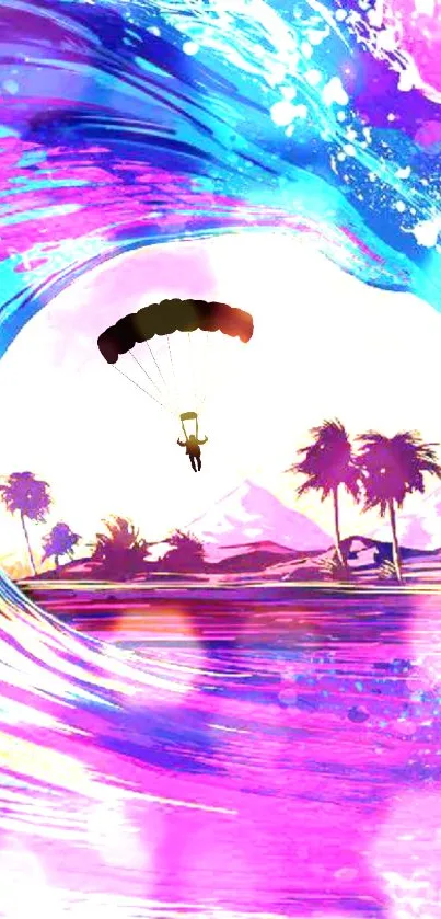 Colorful parachute over a vibrant tropical wave.