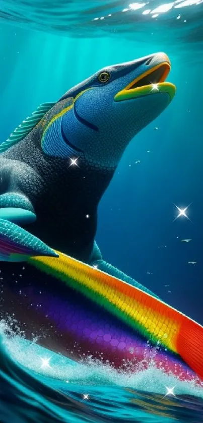 Vibrant dinosaur surfing an ocean wave with a rainbow surfboard.