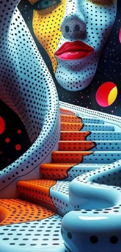 Vibrant surreal wallpaper with abstract face and colorful stairs design.