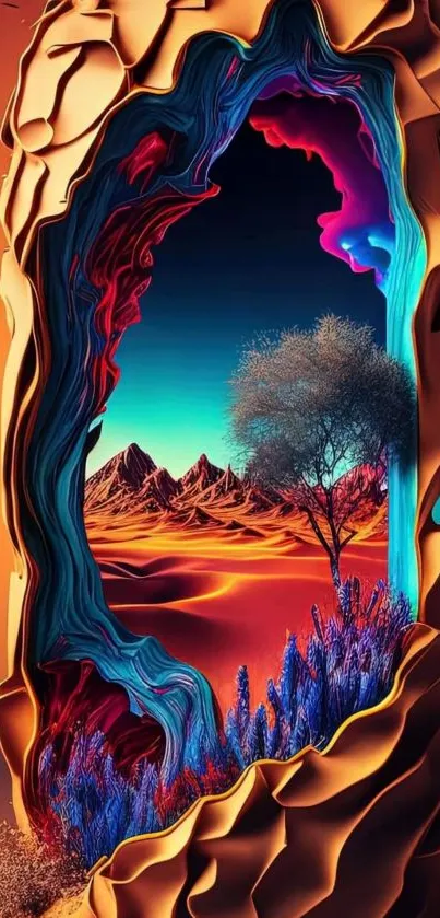 Surreal landscape wallpaper with vivid colors and abstract design elements.